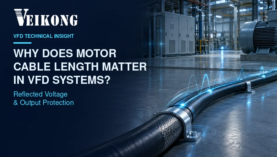 why motor cable length matters in VFD systems, with reflected voltage and output protection highlighted.
