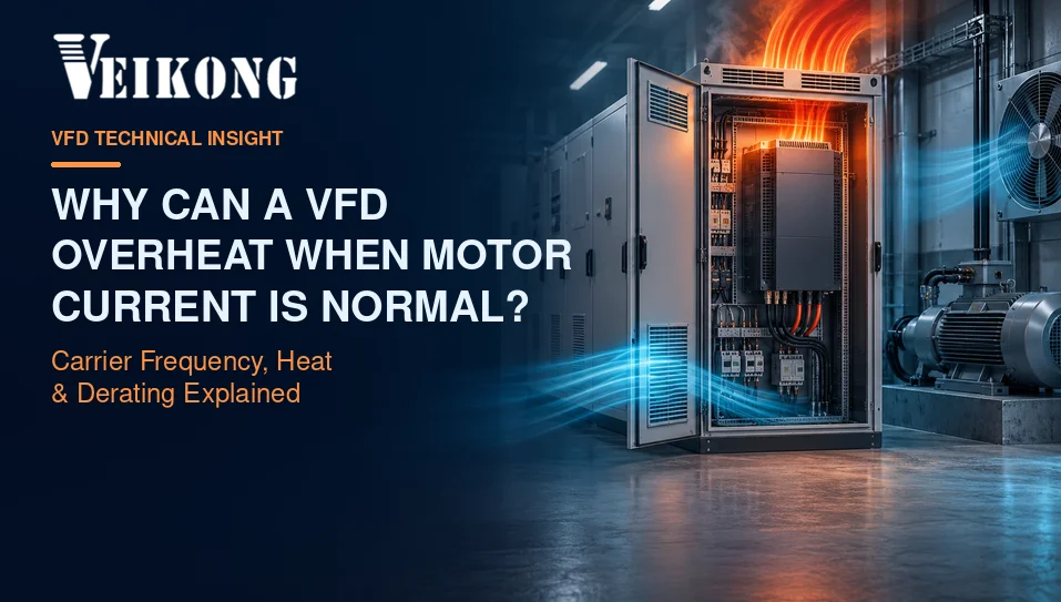 Veikong VFD technical insight explaining why a variable frequency drive can overheat when motor current is normal, highlighting carrier frequency, heat, and derating.